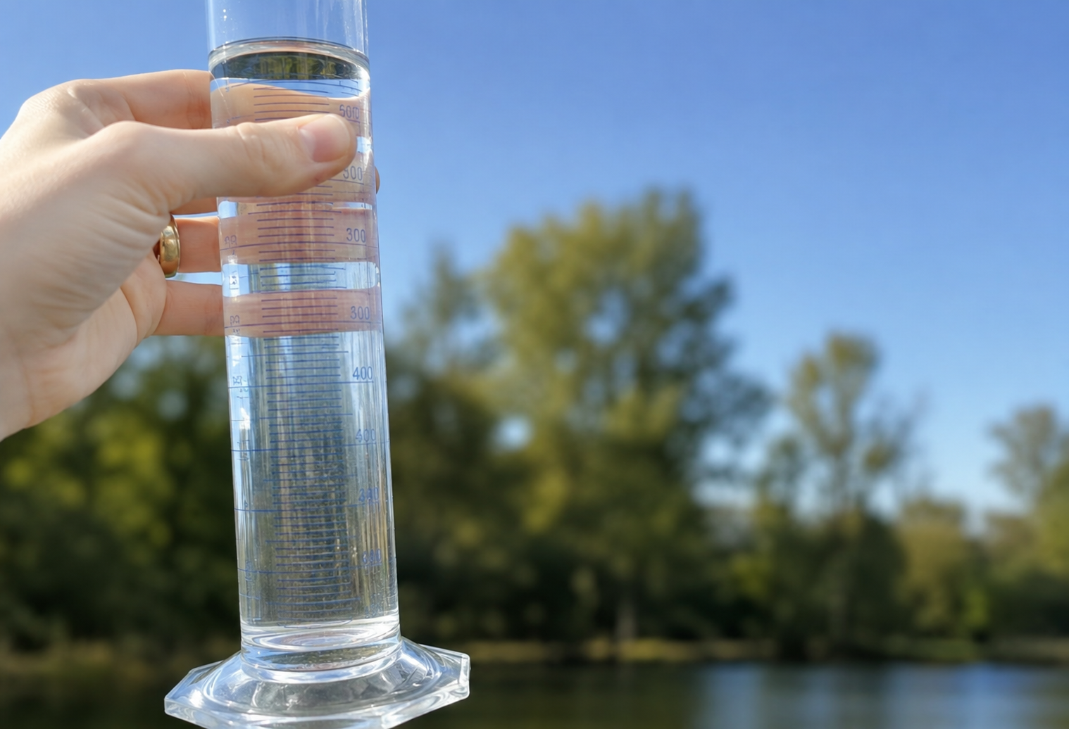 Clear treated water in a measuring cylinder held up against daylight