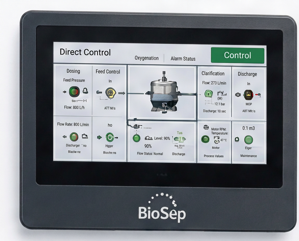 BioSep touchscreen control panel showing the water treatment process with dosing, oxygenation and alarm status