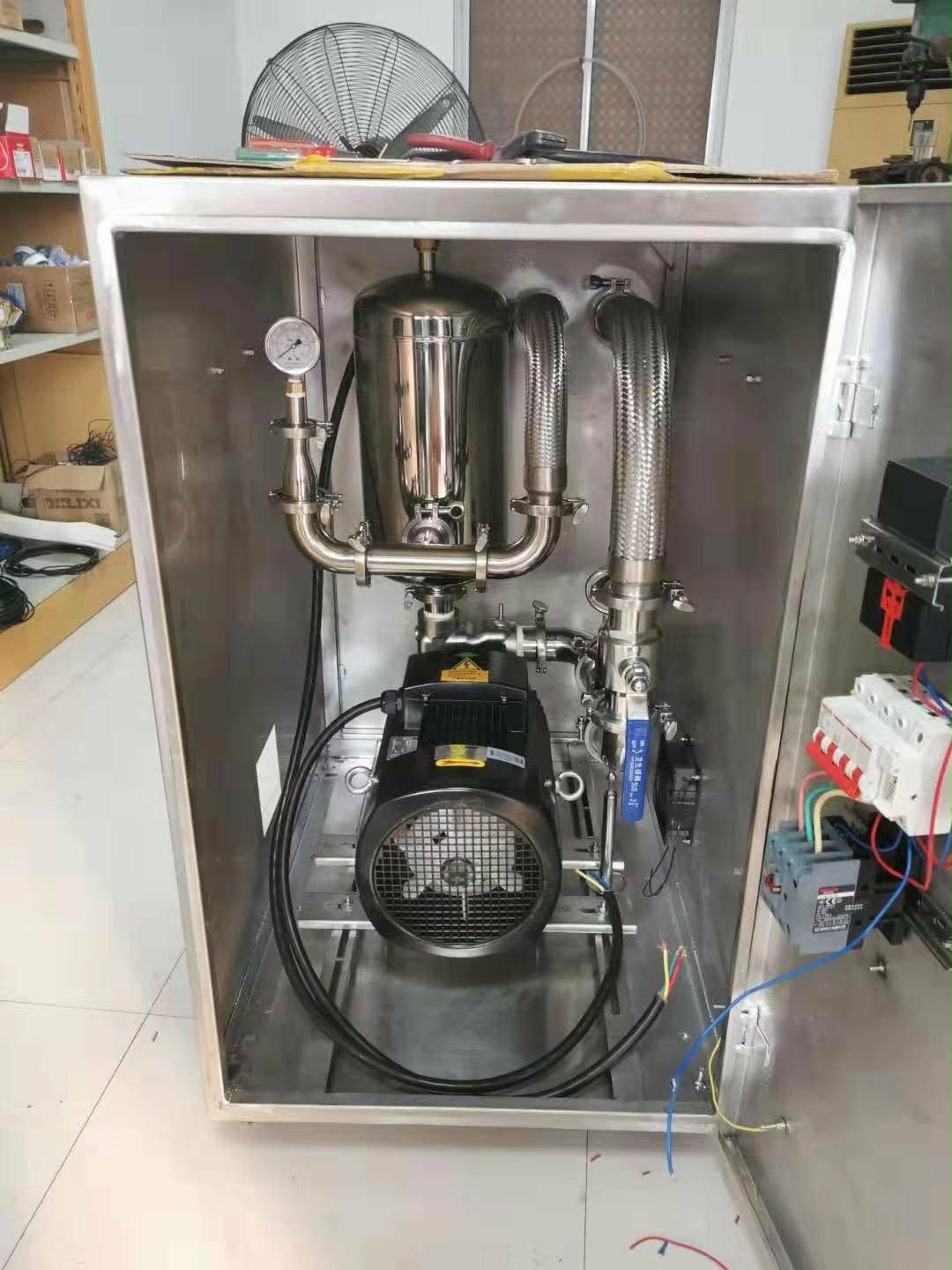 Inside a nano bubble generator showing pump, pressure gauge and stainless steel generation module