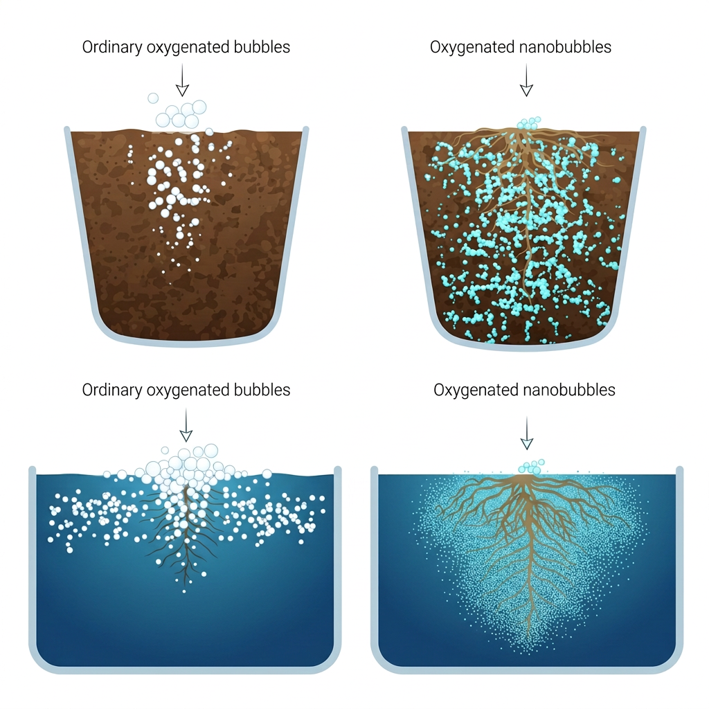 Illustration: ordinary oxygen bubbles rise and disappear, while oxygenated nanobubbles stay distributed around the roots