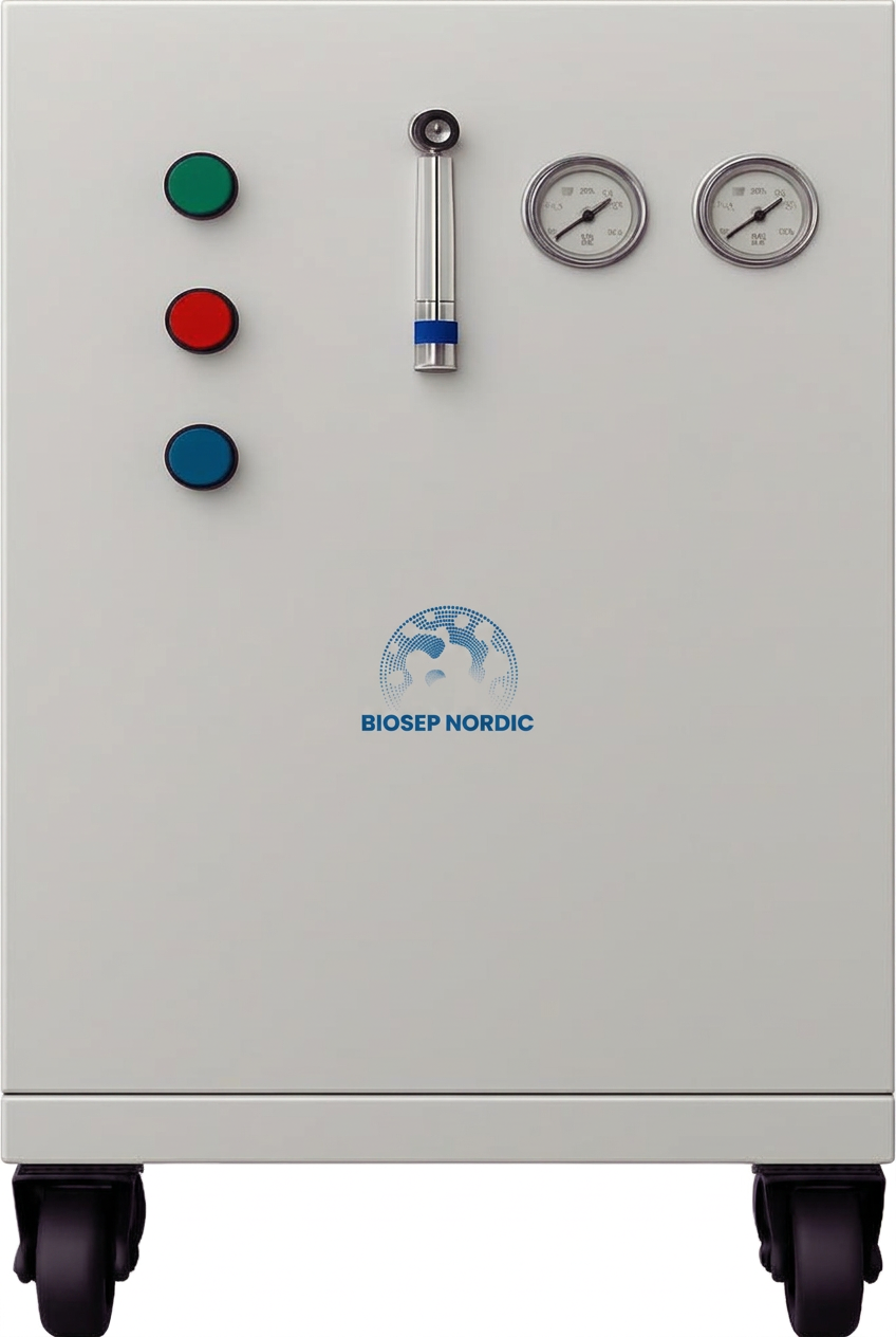 Biosep Nordic nano bubble generator on castor wheels with control panel and pressure gauges